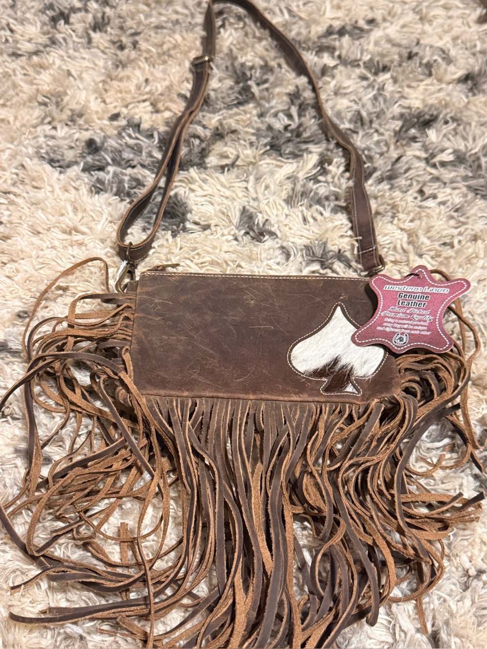 Genuine Leather Brown Fringe Crossbody Bag with Spade Accent
